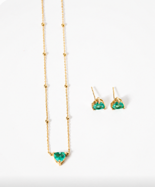 CONJUNTO COLAR E BRINCO CORAÇÃO ZIRCONIA VERDE TURMALINA RODIO