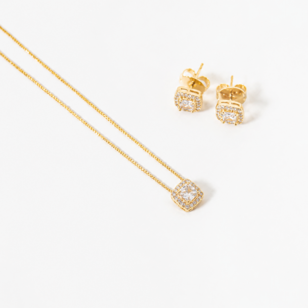 CONJUNTO COLAR E BRINCO QUADRADO LUXO OURO CRAVEJADO