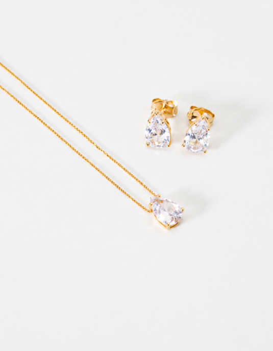 CONJUNTO COLAR E BRINCO GOTA CRISTAL OURO