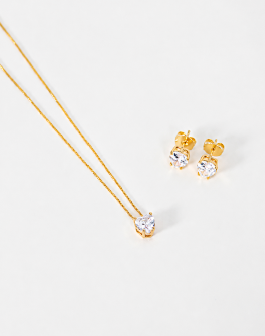 CONJUNTO COLAR E BRINCO CORAÇÃO CRISTAL OURO