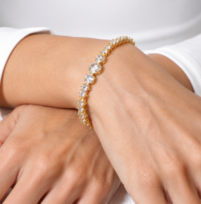 PULSEIRA C/ ZIRCONIA E TRIO PONTOS DE LUZ OURO