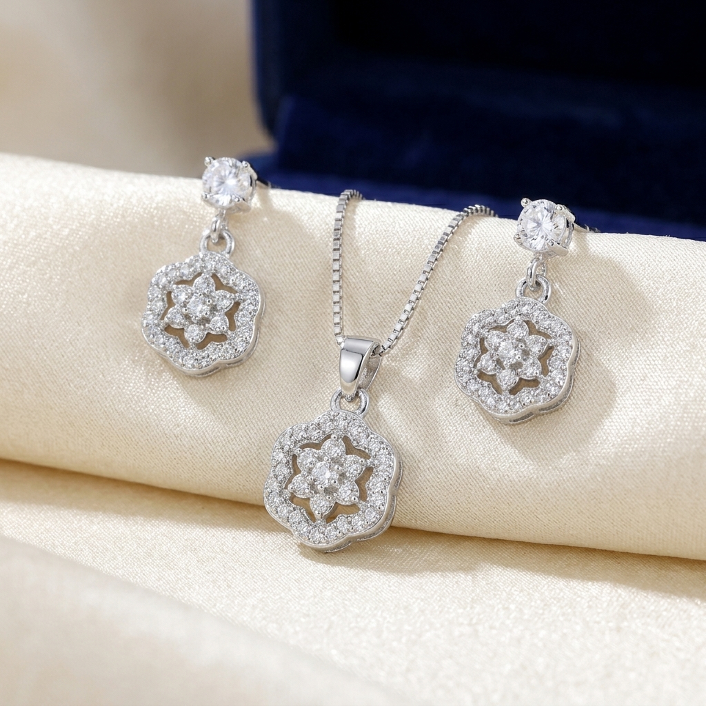 CONJ. COLAR E BRINCO RÓDICO FLOR CRAVEJADO CRISTAL